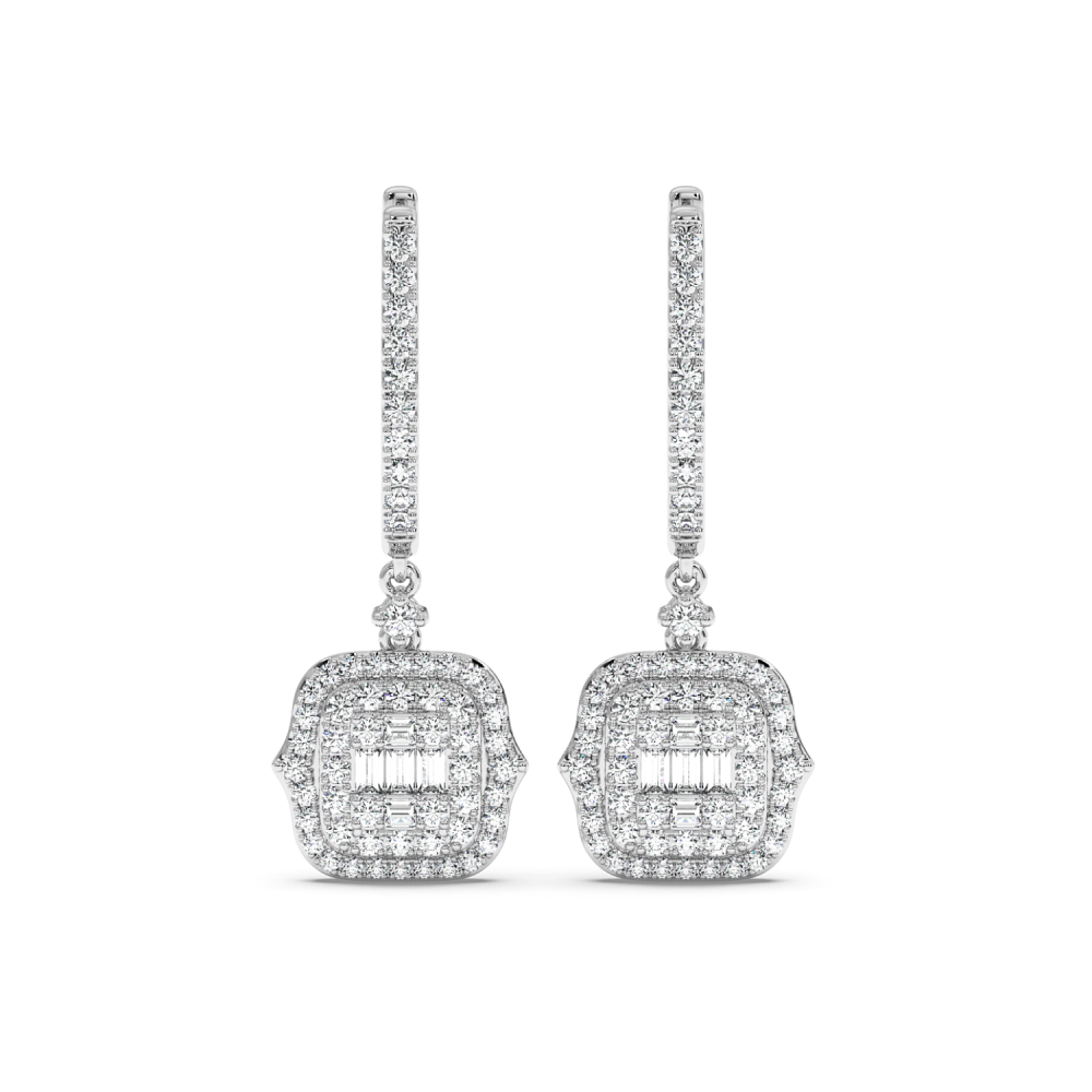 Earrings with 0.08ct Baget Diamonds and 0.86ct Round Diamonds