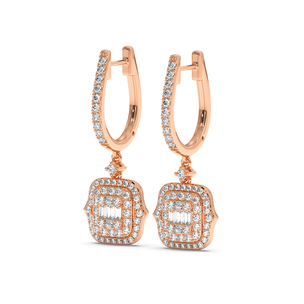 Earrings with 0.08ct Baget Diamonds and 0.86ct Round Diamonds