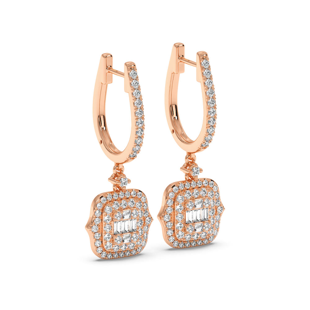 Earrings with 0.08ct Baget Diamonds and 0.86ct Round Diamonds
