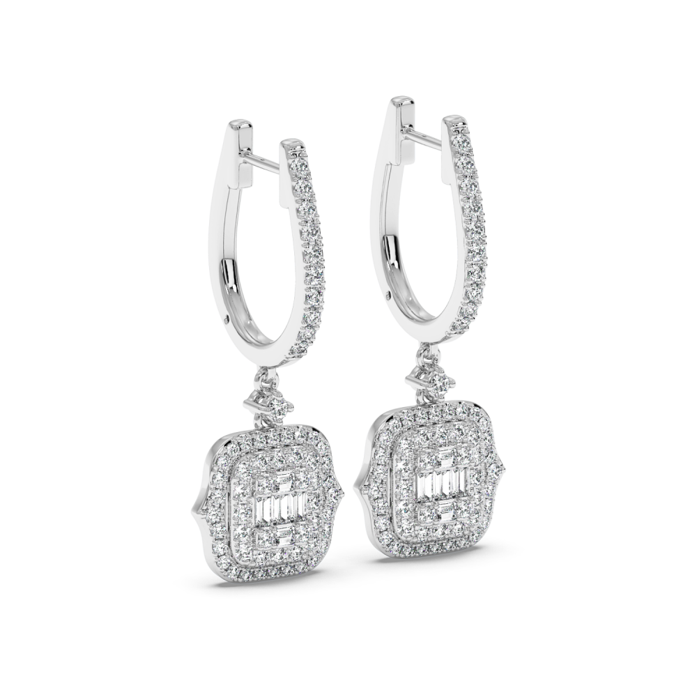 Earrings with 0.08ct Baget Diamonds and 0.86ct Round Diamonds