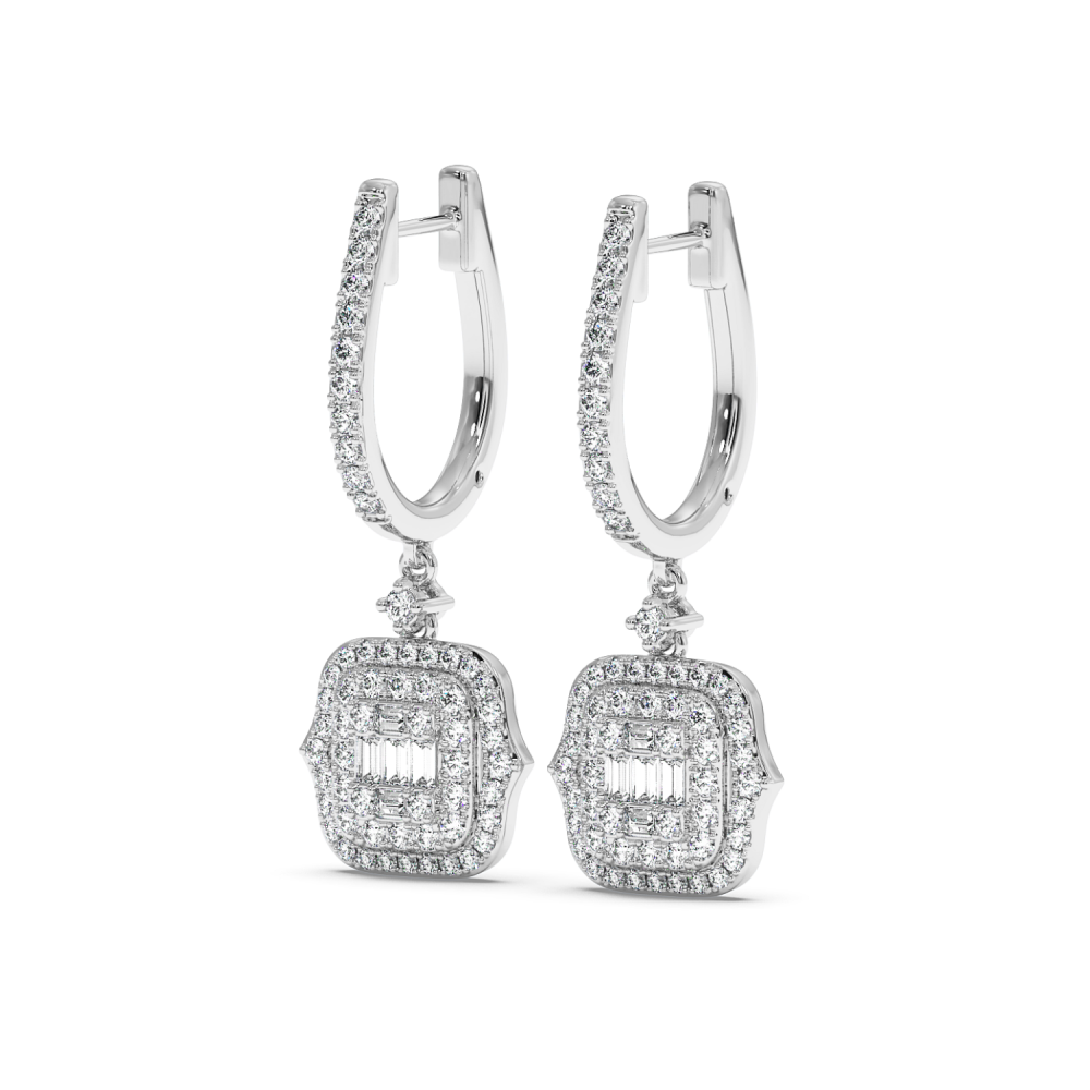 Earrings with 0.08ct Baget Diamonds and 0.86ct Round Diamonds