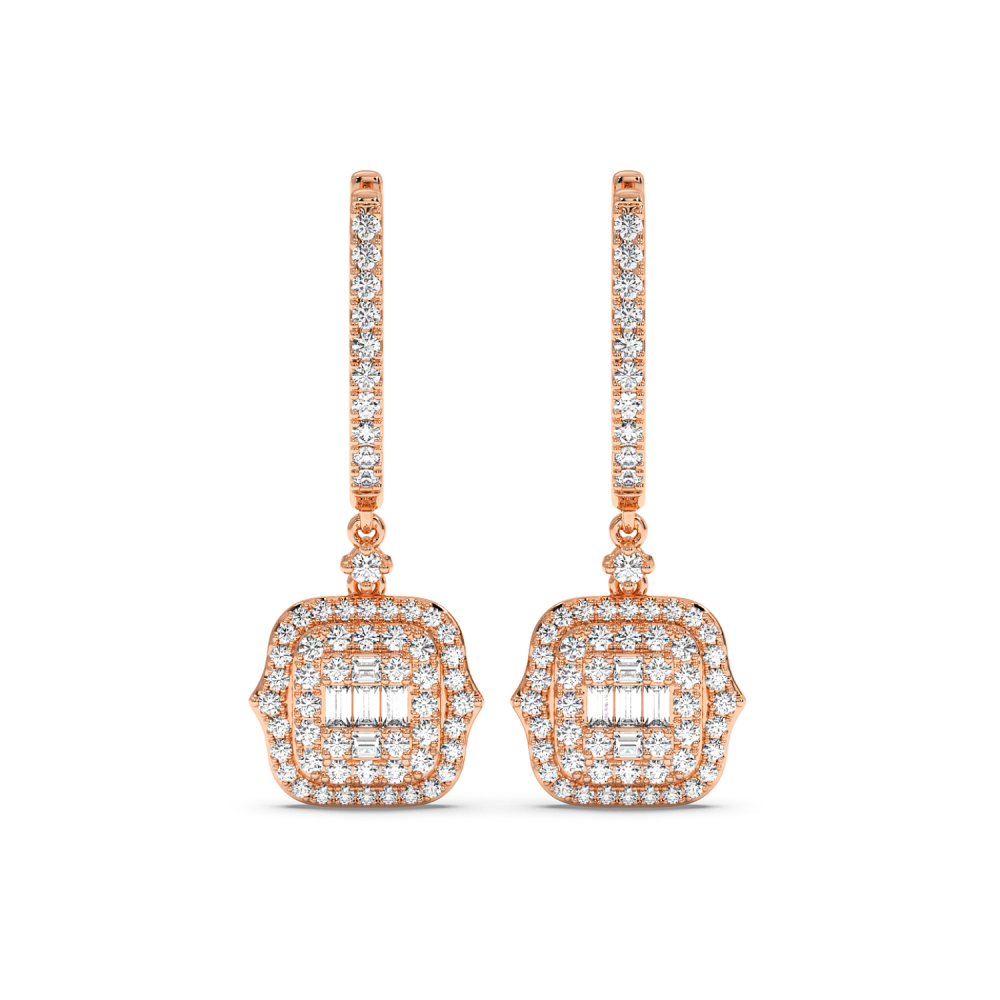 Earrings with 0.08ct Baget Diamonds and 0.86ct Round Diamonds