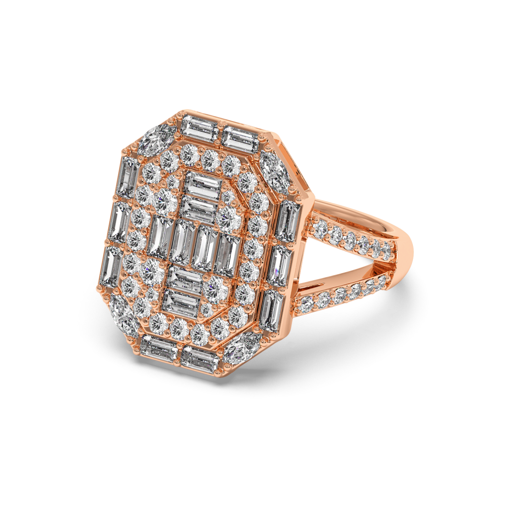 Ring with 0.53 ct baget diamonds, 0.24 ct marquise diamonds and 0.60 ct round diamonds