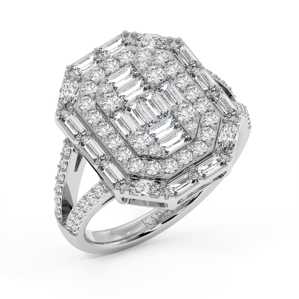 Ring with 0.53 ct baget diamonds, 0.24 ct marquise diamonds and 0.60 ct round diamonds