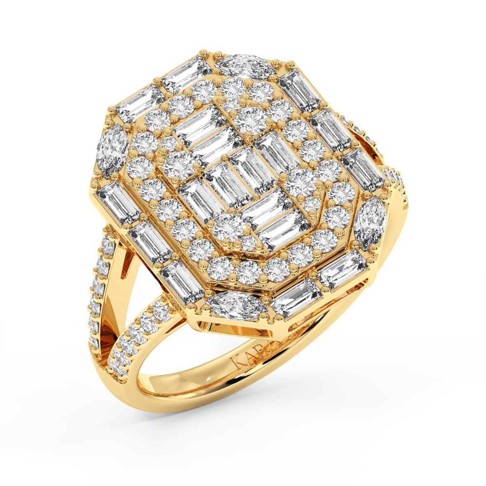 Ring with 0.53 ct baget diamonds, 0.24 ct marquise diamonds and 0.60 ct round diamonds