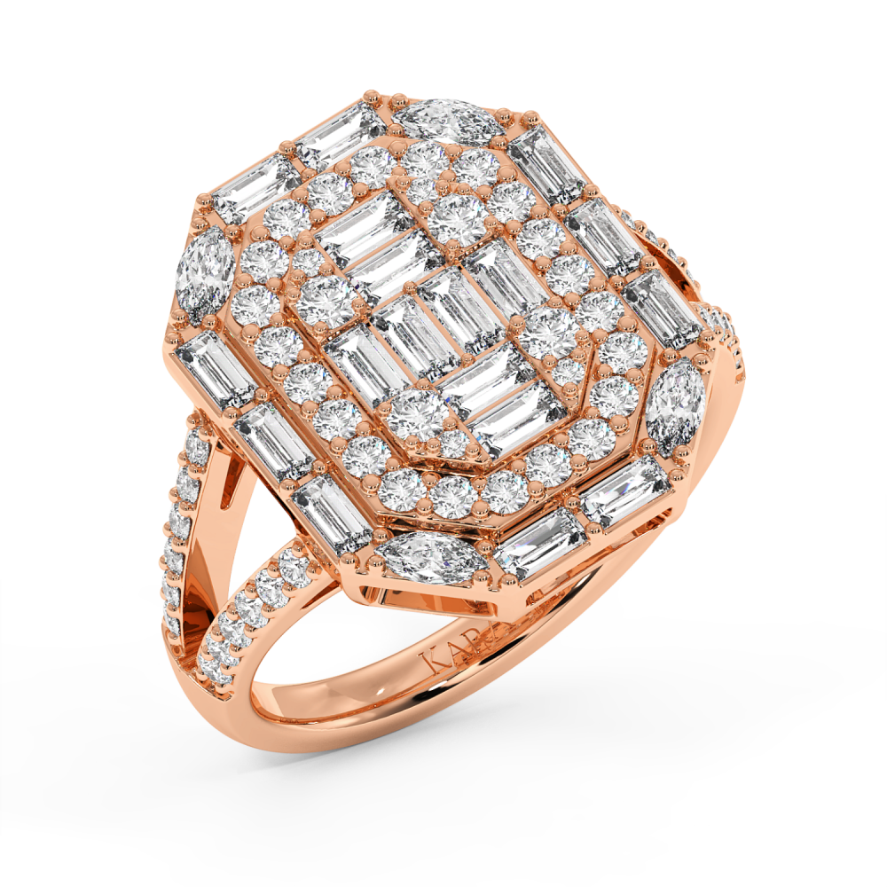 Ring with 0.53 ct baget diamonds, 0.24 ct marquise diamonds and 0.60 ct round diamonds