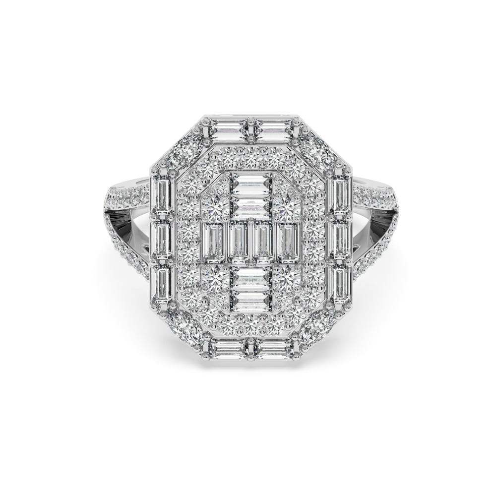 Ring with 0.53 ct baget diamonds, 0.24 ct marquise diamonds and 0.60 ct round diamonds