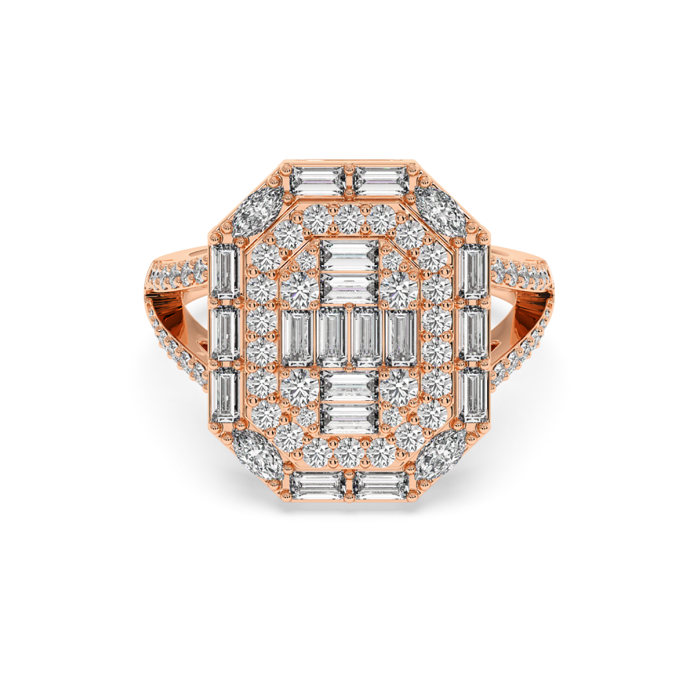 Ring with 0.53 ct baget diamonds, 0.24 ct marquise diamonds and 0.60 ct round diamonds