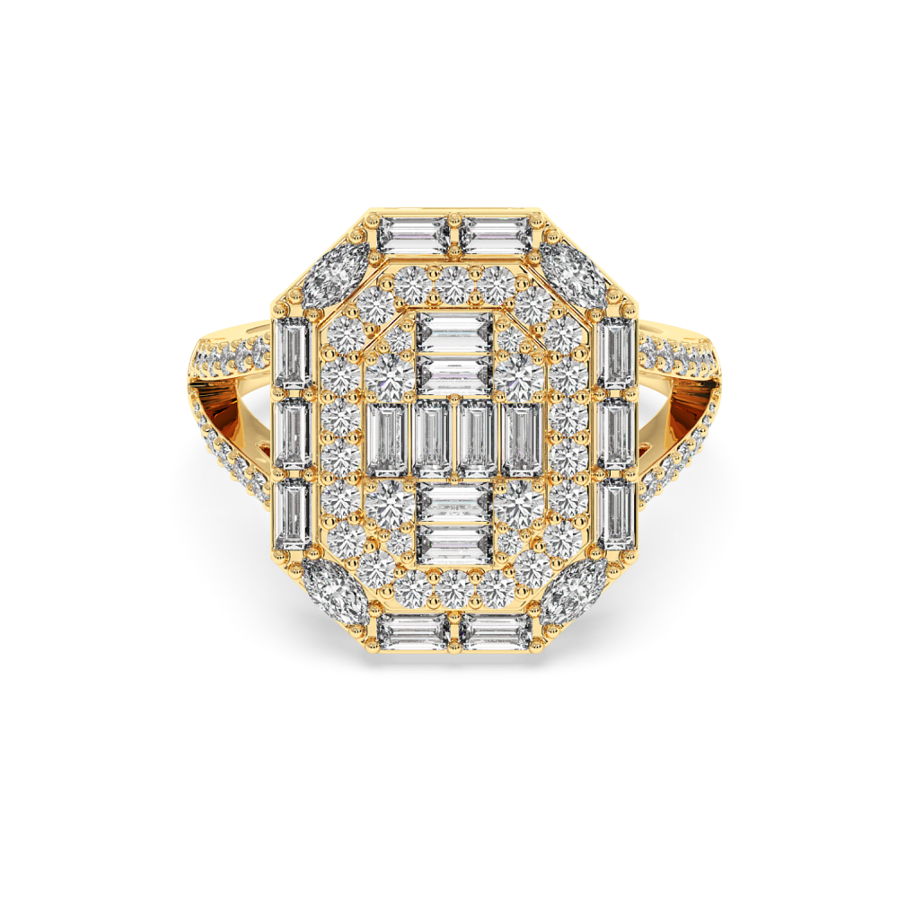 Ring with 0.53 ct baget diamonds, 0.24 ct marquise diamonds and 0.60 ct round diamonds