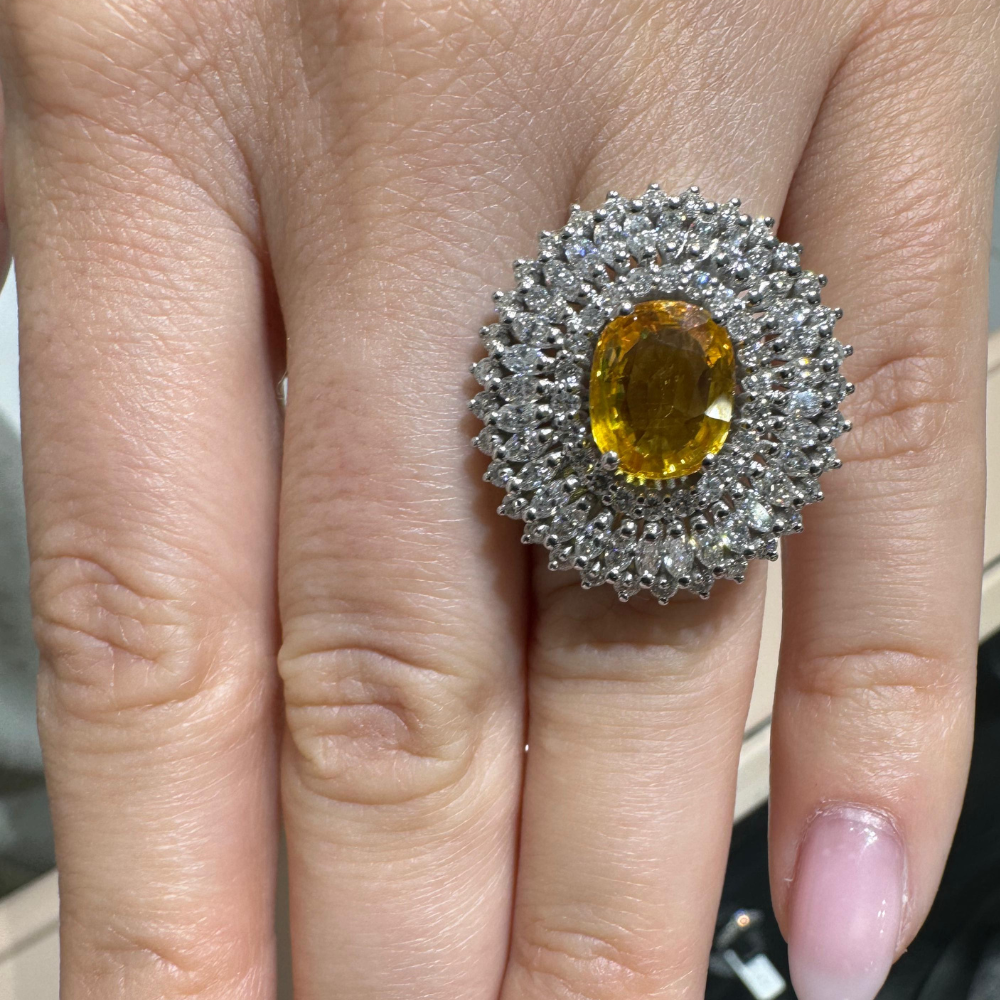 1.07 ct diamond ring, 1.42 ct Marquise diamonds and 3.56 ct yellow sapphire