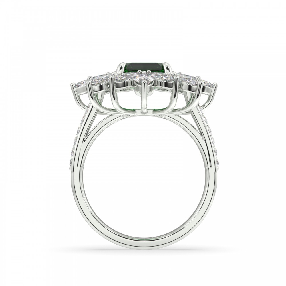 Ring with 1.39 ct Marquise Diamonds, 0.18 ct Round Diamonds and 1.30 ct Emerald