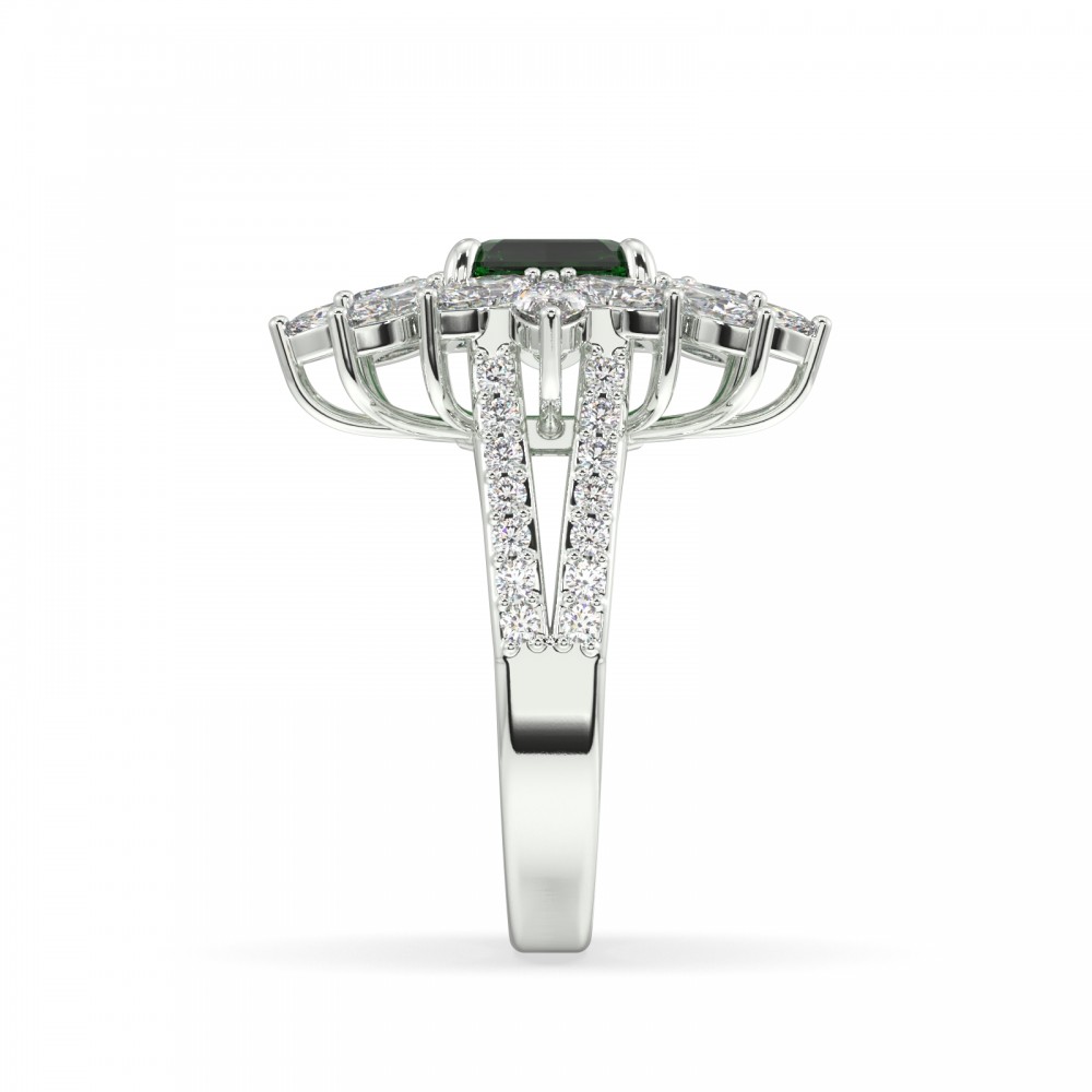 Ring with 1.39 ct Marquise Diamonds, 0.18 ct Round Diamonds and 1.30 ct Emerald