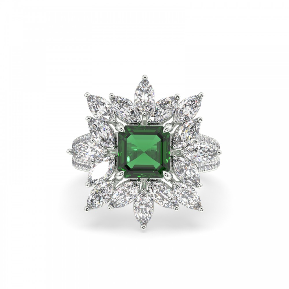 Ring with 1.39 ct Marquise Diamonds, 0.18 ct Round Diamonds and 1.30 ct Emerald