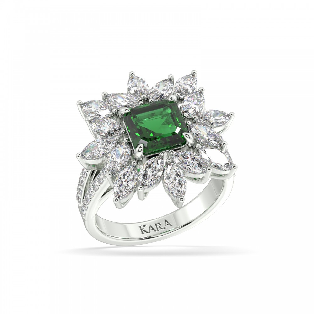 Ring with 1.39 ct Marquise Diamonds, 0.18 ct Round Diamonds and 1.30 ct Emerald