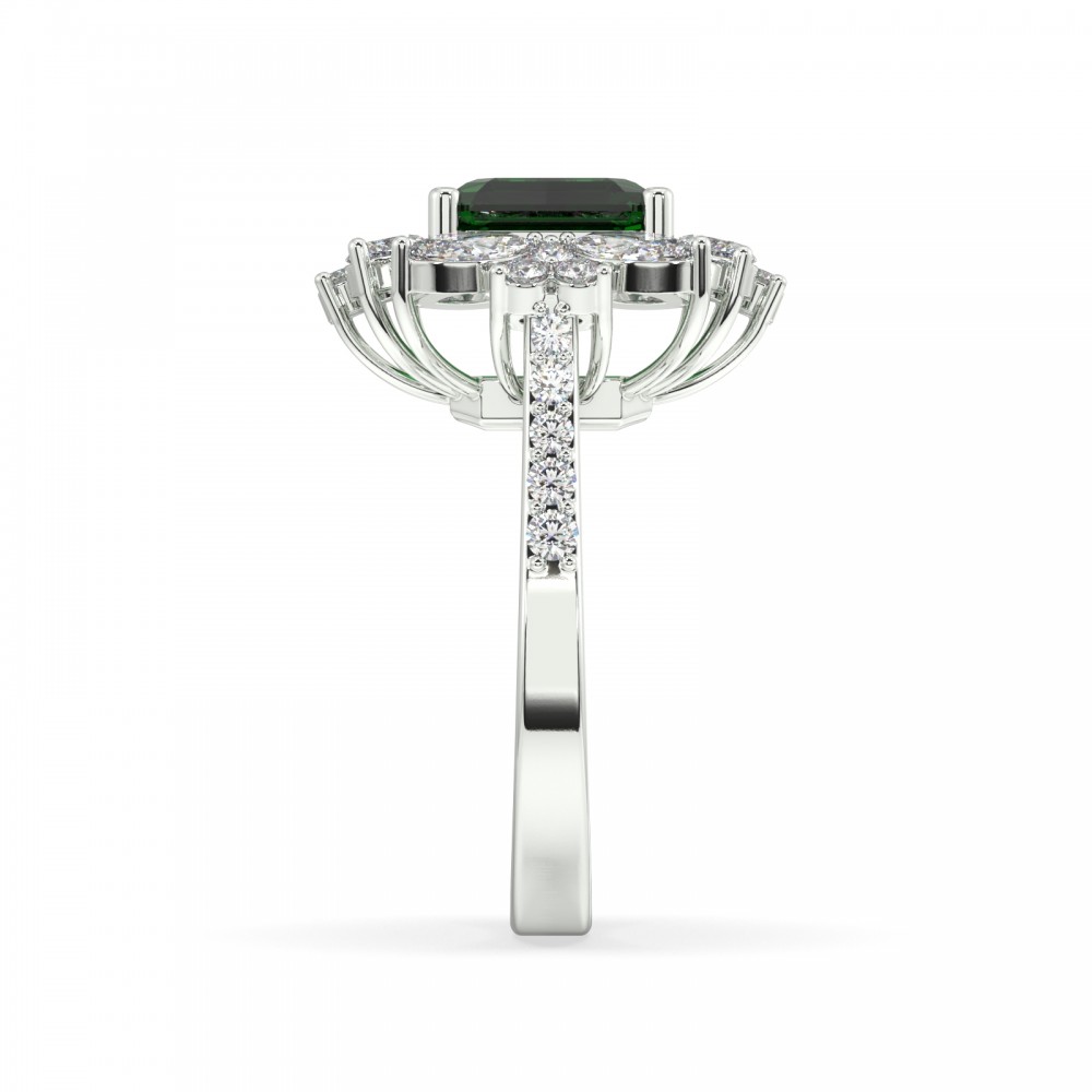 Ring with 1.85 ct Marquise Diamonds, 0.57 ct Round Diamonds and 3.56 ct Emerald