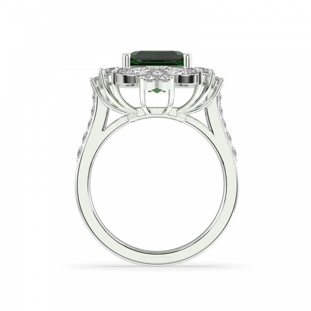 Ring with 1.85 ct Marquise Diamonds, 0.57 ct Round Diamonds and 3.56 ct Emerald