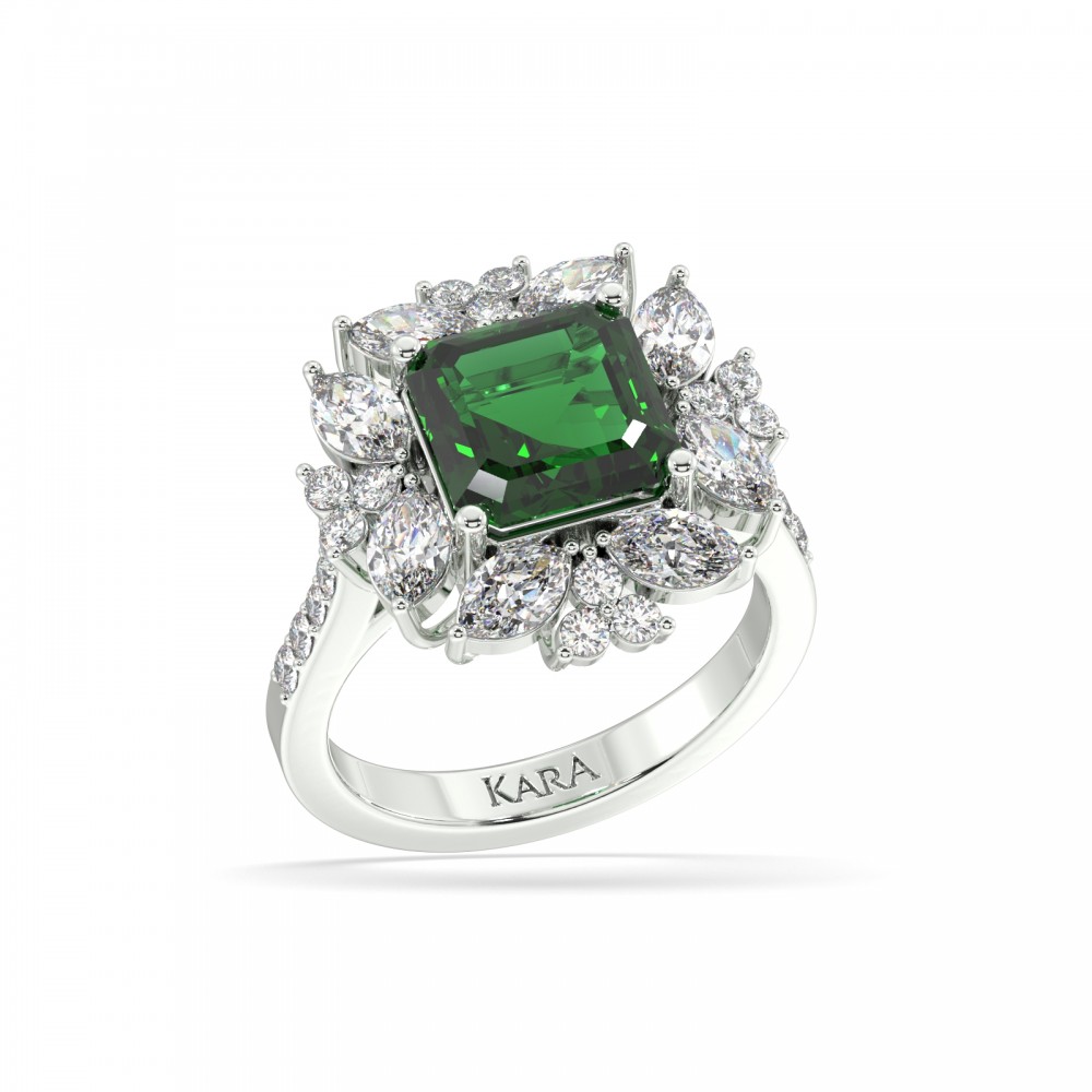 Ring with 1.85 ct Marquise Diamonds, 0.57 ct Round Diamonds and 3.56 ct Emerald