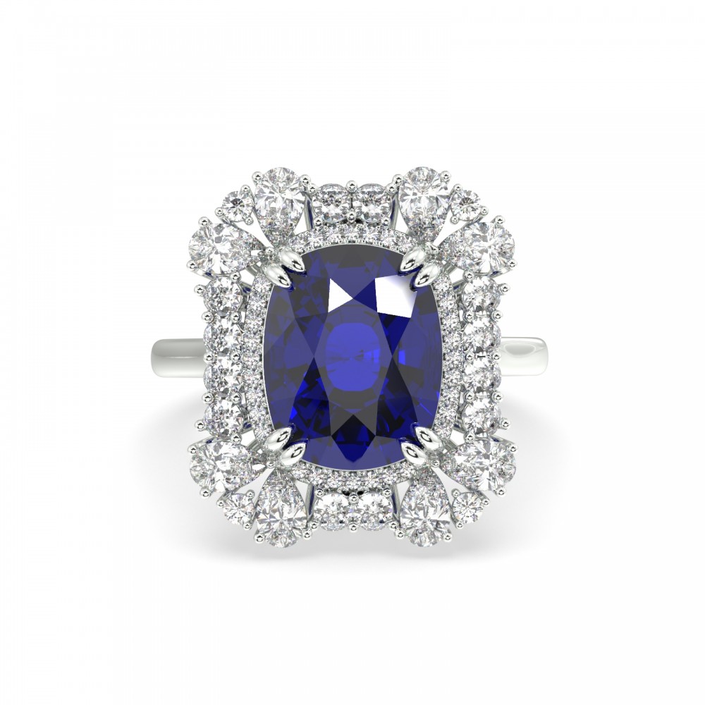 Ring with Pear diamonds of 0.74 ct, round diamonds of 0.36 ct and Tanzanite of 5.54 ct