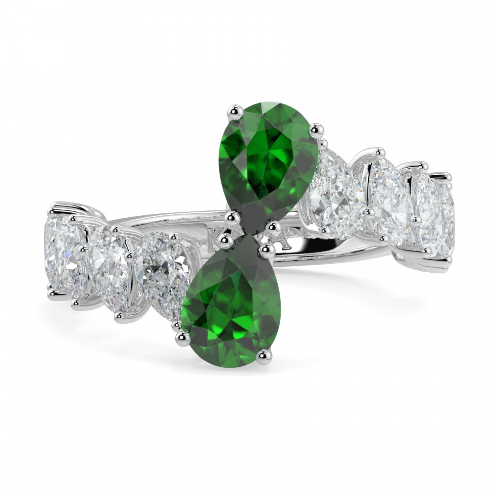 Ring with 2.00 ct Pear Diamonds and 1.80 ct Emeralds