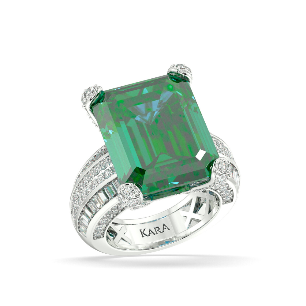 Ring with 1.36 ct Round Diamonds, 0.94 ct Baget Diamonds and 20.5 ct Green Citrine