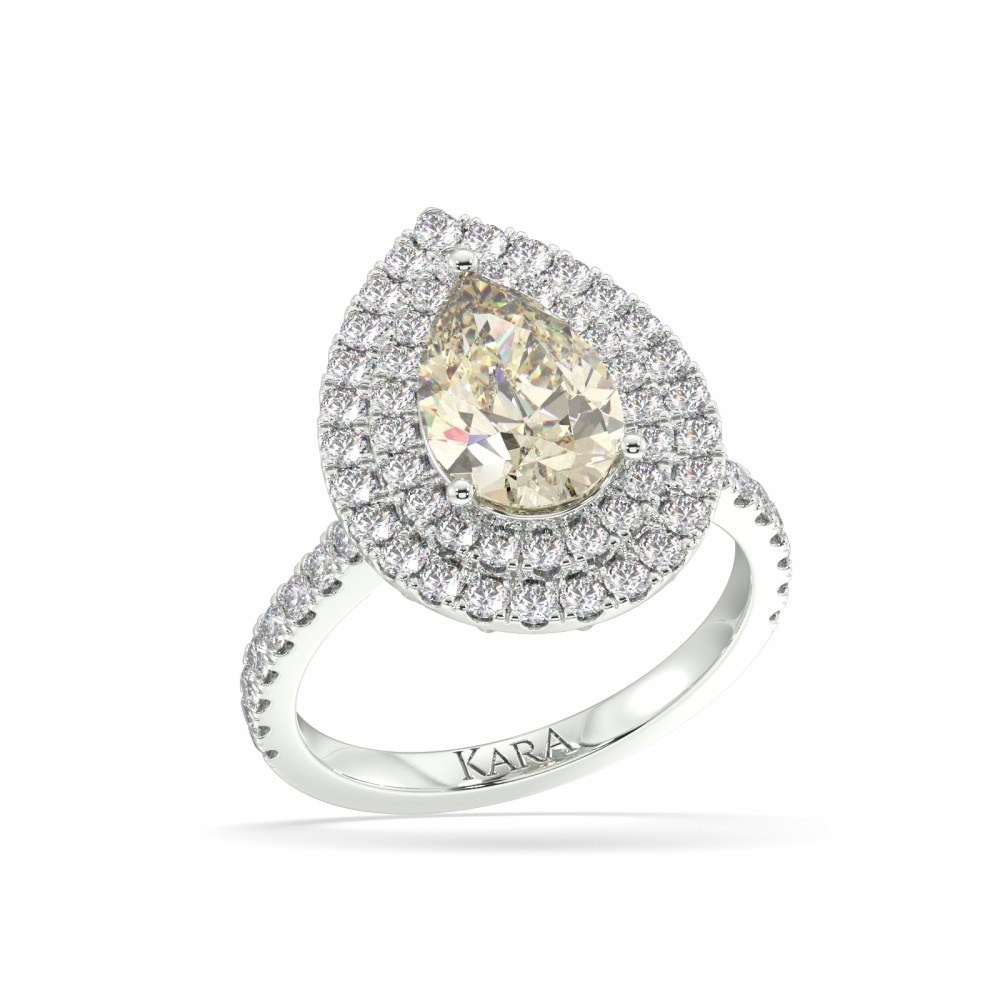 Ring with Fancy Yellow Brownish Fancy Yellow Brownish Pear Cut center 2.01 ct and 0.79 ct Side Diamonds