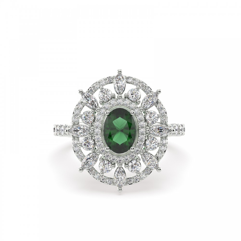 Ring with 0.56ct Center Cut Oval Cut Emerald, 0.52ct Marquise Cut Diamonds and 0.60ct Round Diamonds