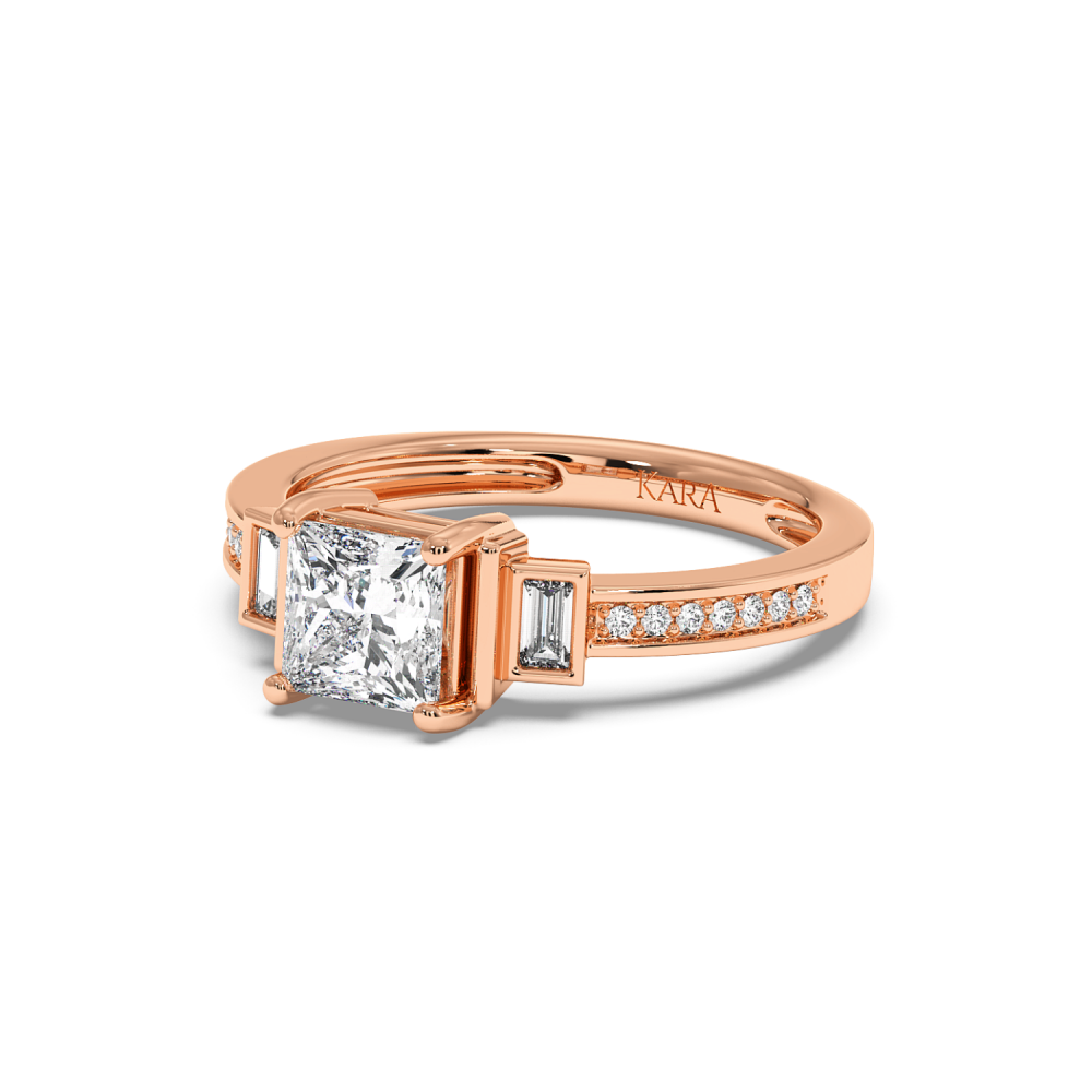 Ring with a 0.99ct Princess Cut Center Diamond, 0.06ct Baget Diamonds and 0.07ct Round Diamonds