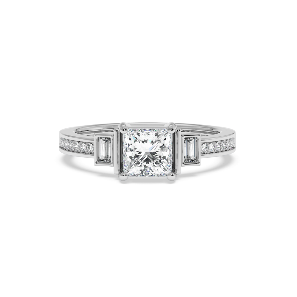Ring with a 0.99ct Princess Cut Center Diamond, 0.06ct Baget Diamonds and 0.07ct Round Diamonds