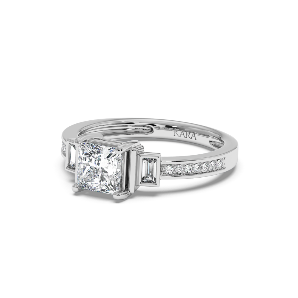 Ring with a 0.99ct Princess Cut Center Diamond, 0.06ct Baget Diamonds and 0.07ct Round Diamonds