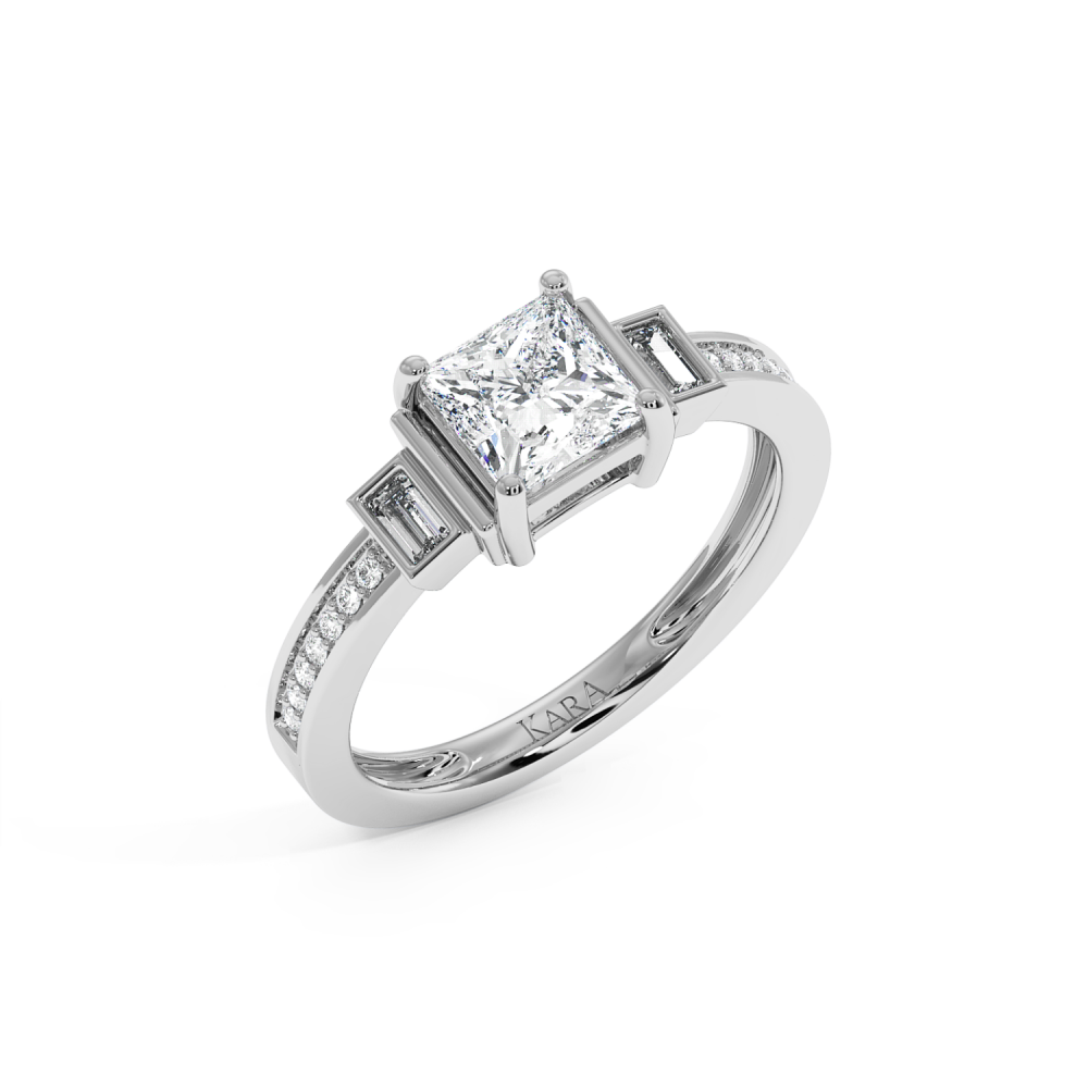 Ring with a 0.99ct Princess Cut Center Diamond, 0.06ct Baget Diamonds and 0.07ct Round Diamonds