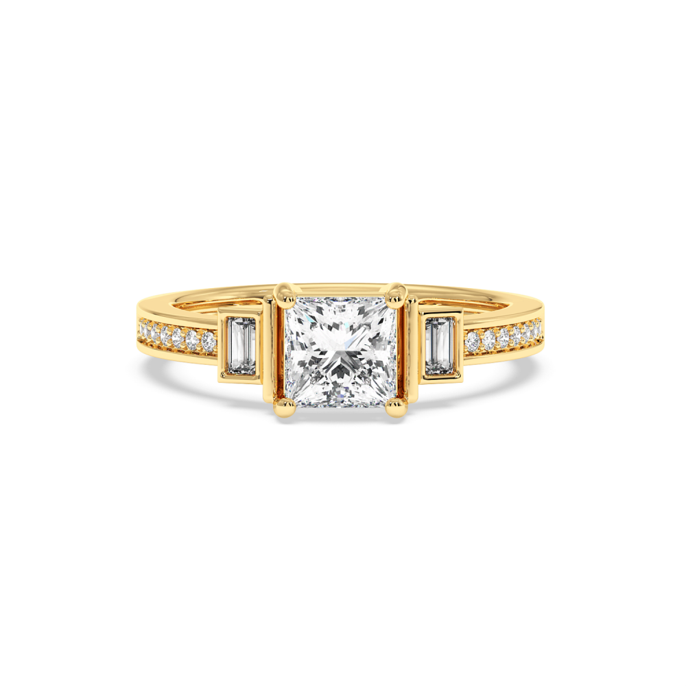 Ring with a 0.99ct Princess Cut Center Diamond, 0.06ct Baget Diamonds and 0.07ct Round Diamonds