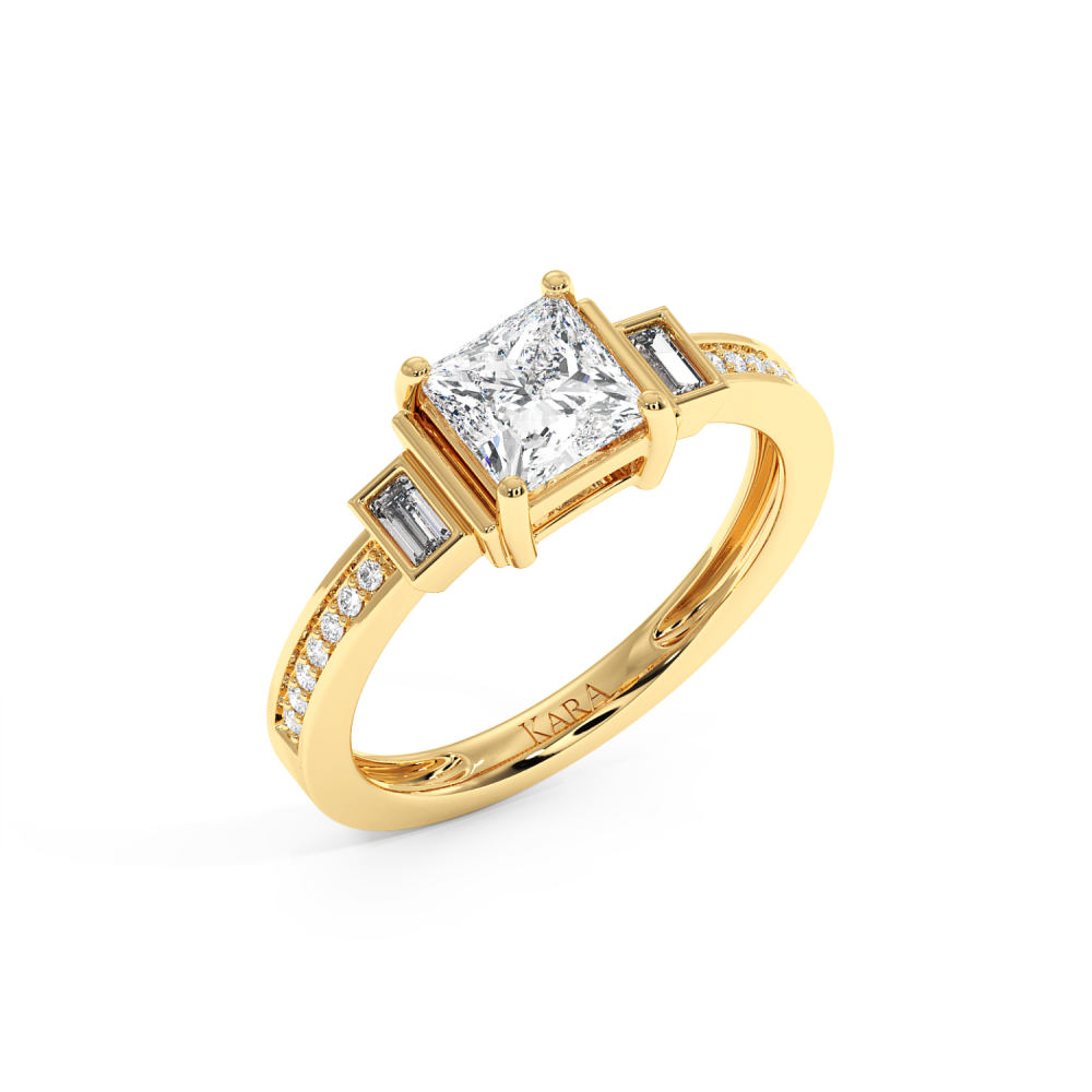 Ring with a 0.99ct Princess Cut Center Diamond, 0.06ct Baget Diamonds and 0.07ct Round Diamonds