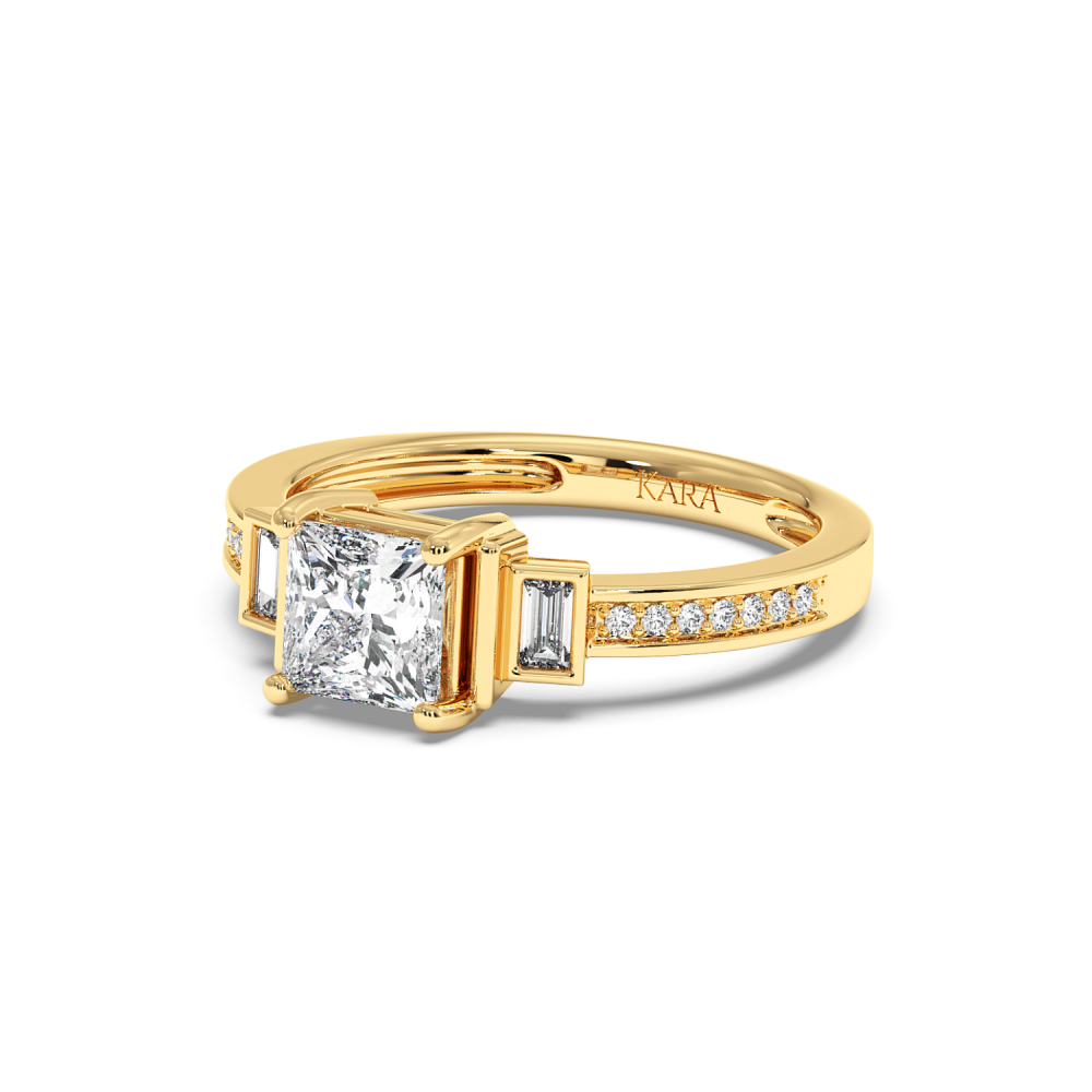 Ring with a 0.99ct Princess Cut Center Diamond, 0.06ct Baget Diamonds and 0.07ct Round Diamonds