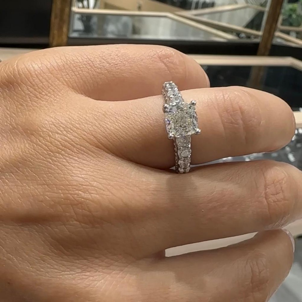 Engagement ring with 2.01 ct Cushion center diamond and 1.10 ct side diamonds