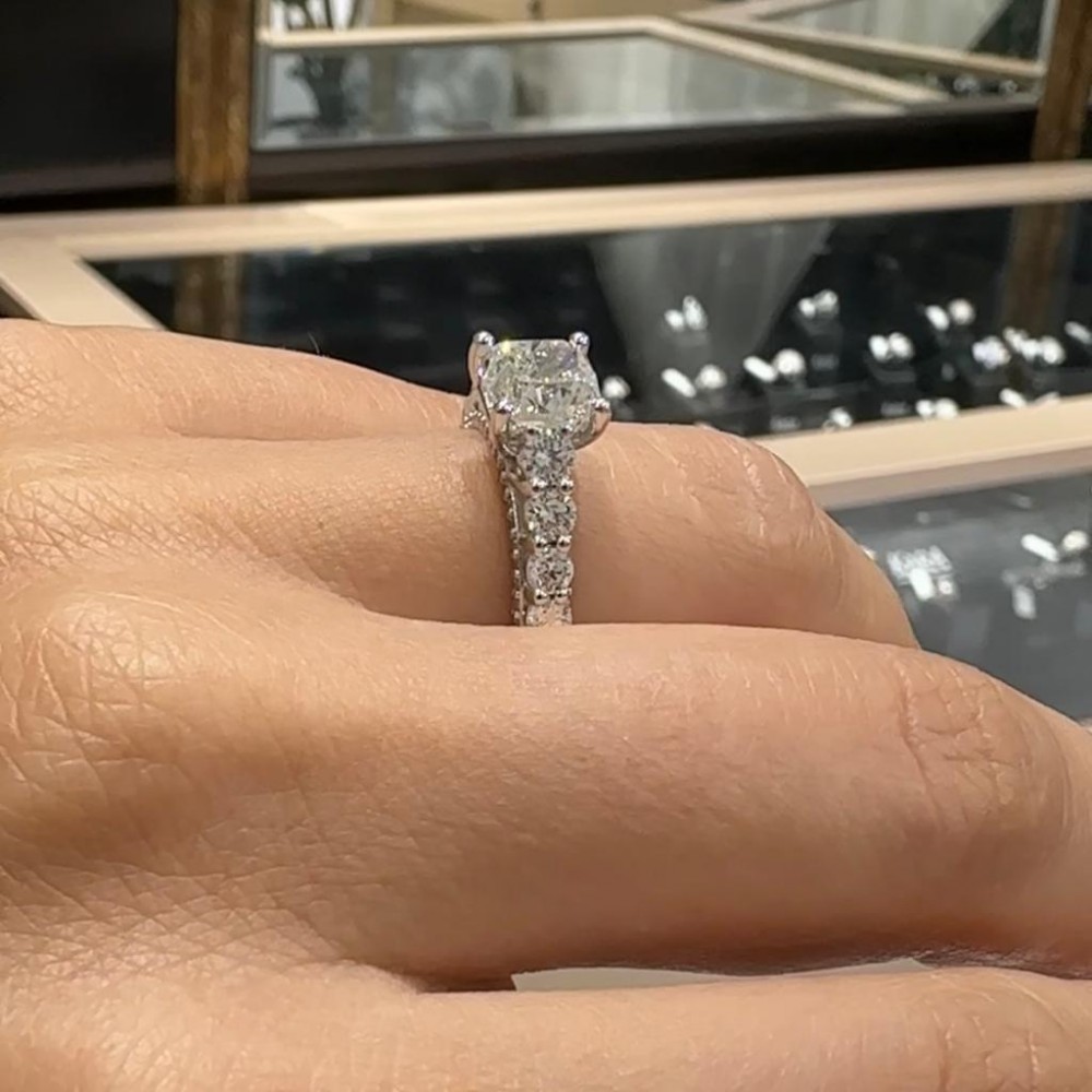 Engagement ring with 2.01 ct Cushion center diamond and 1.10 ct side diamonds