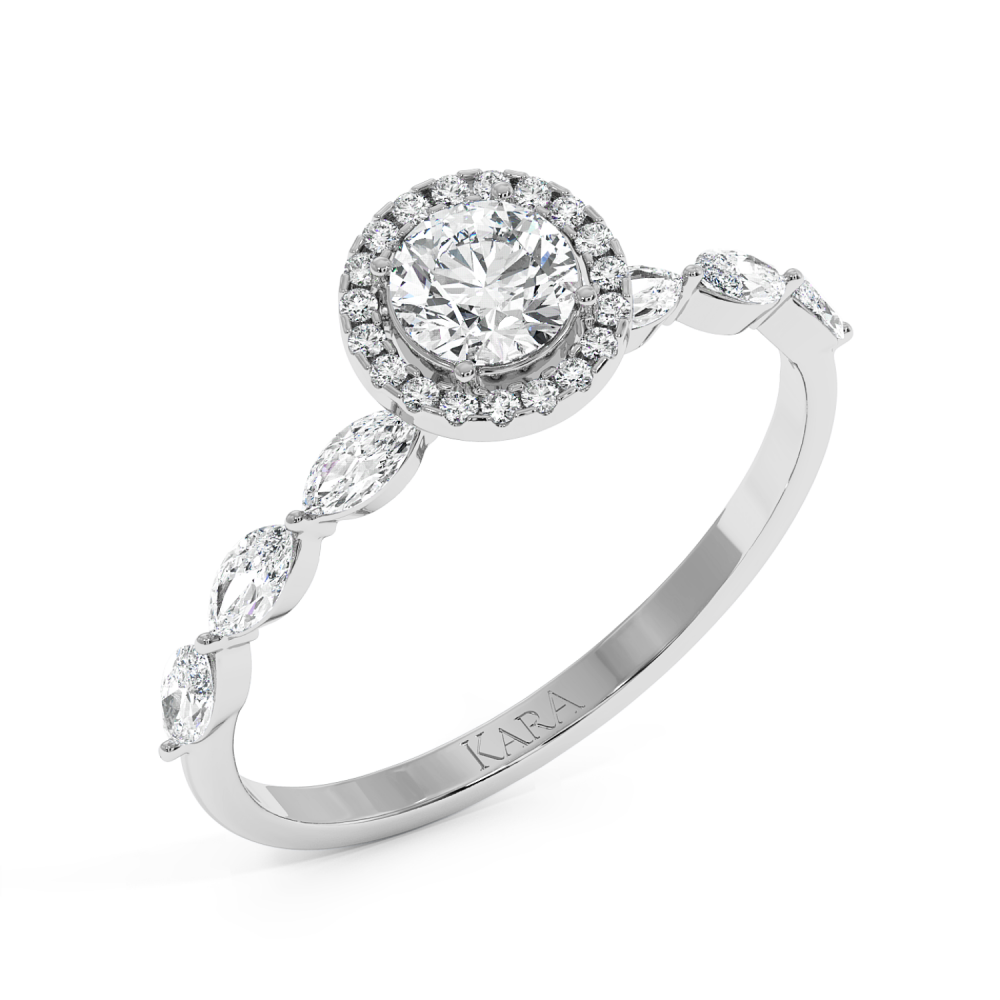Engagement ring with central diamond of 0.30 ct and side Marquise diamonds of 0.21 ct and round diamonds of 0.05 ct