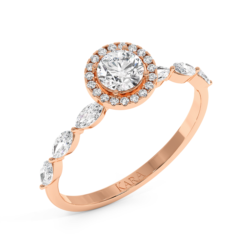 Engagement ring with central diamond of 0.30 ct and side Marquise diamonds of 0.21 ct and round diamonds of 0.05 ct