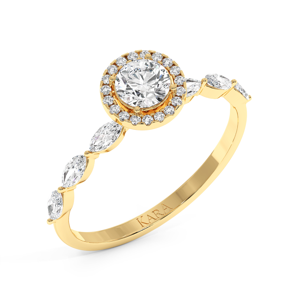 Engagement ring with central diamond of 0.30 ct and side Marquise diamonds of 0.21 ct and round diamonds of 0.05 ct