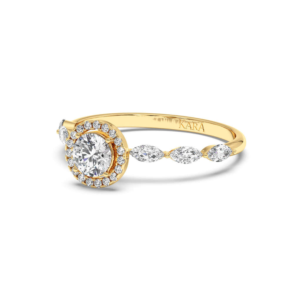 Engagement ring with central diamond of 0.30 ct and side Marquise diamonds of 0.21 ct and round diamonds of 0.05 ct