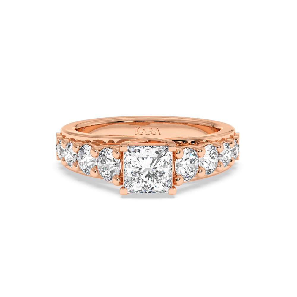 Engagement Ring with 1ct Princess Cut 1ct Center Diamond and 1.23ct Round Side Diamonds