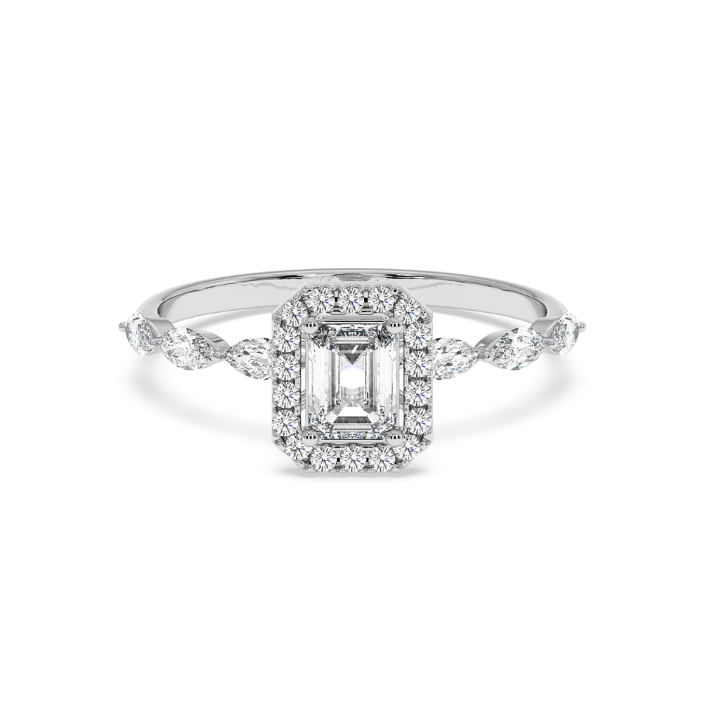 Engagement ring with 0.30 ct Emerald diamond and 0.21 ct Marquise and 0.10 ct round and 0.21 ct Marquise side diamonds