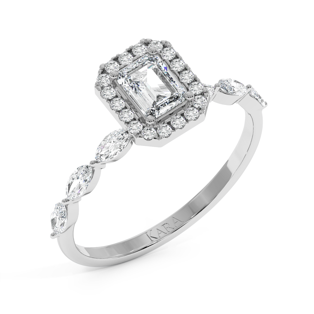 Engagement ring with 0.30 ct Emerald diamond and 0.21 ct Marquise and 0.10 ct round and 0.21 ct Marquise side diamonds