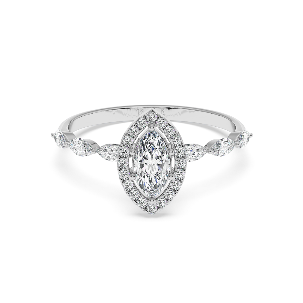 Engagement ring with 0.31 ct Marquise diamond and 0.21 ct Marquise and 0.08 ct round and 0.21 ct Marquise side diamonds