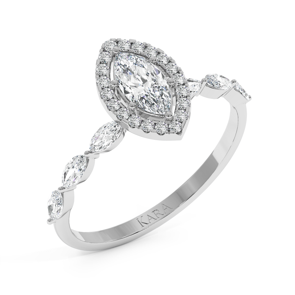 Engagement ring with 0.31 ct Marquise diamond and 0.21 ct Marquise and 0.08 ct round and 0.21 ct Marquise side diamonds