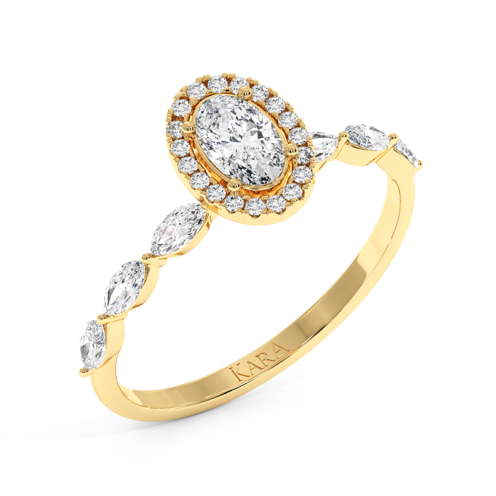 Engagement ring with 0.30 ct Oval diamond and 0.21 ct Marquise and 0.06 ct round and 0.21 ct Marquise side diamonds