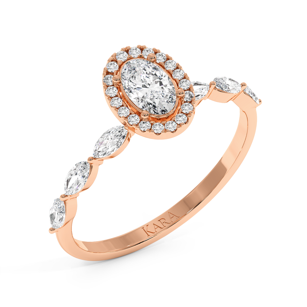 Engagement ring with 0.30 ct Oval diamond and 0.21 ct Marquise and 0.06 ct round and 0.21 ct Marquise side diamonds