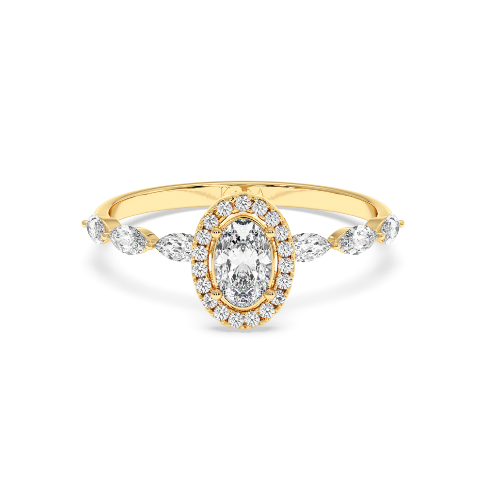 Engagement ring with 0.30 ct Oval diamond and 0.21 ct Marquise and 0.06 ct round and 0.21 ct Marquise side diamonds