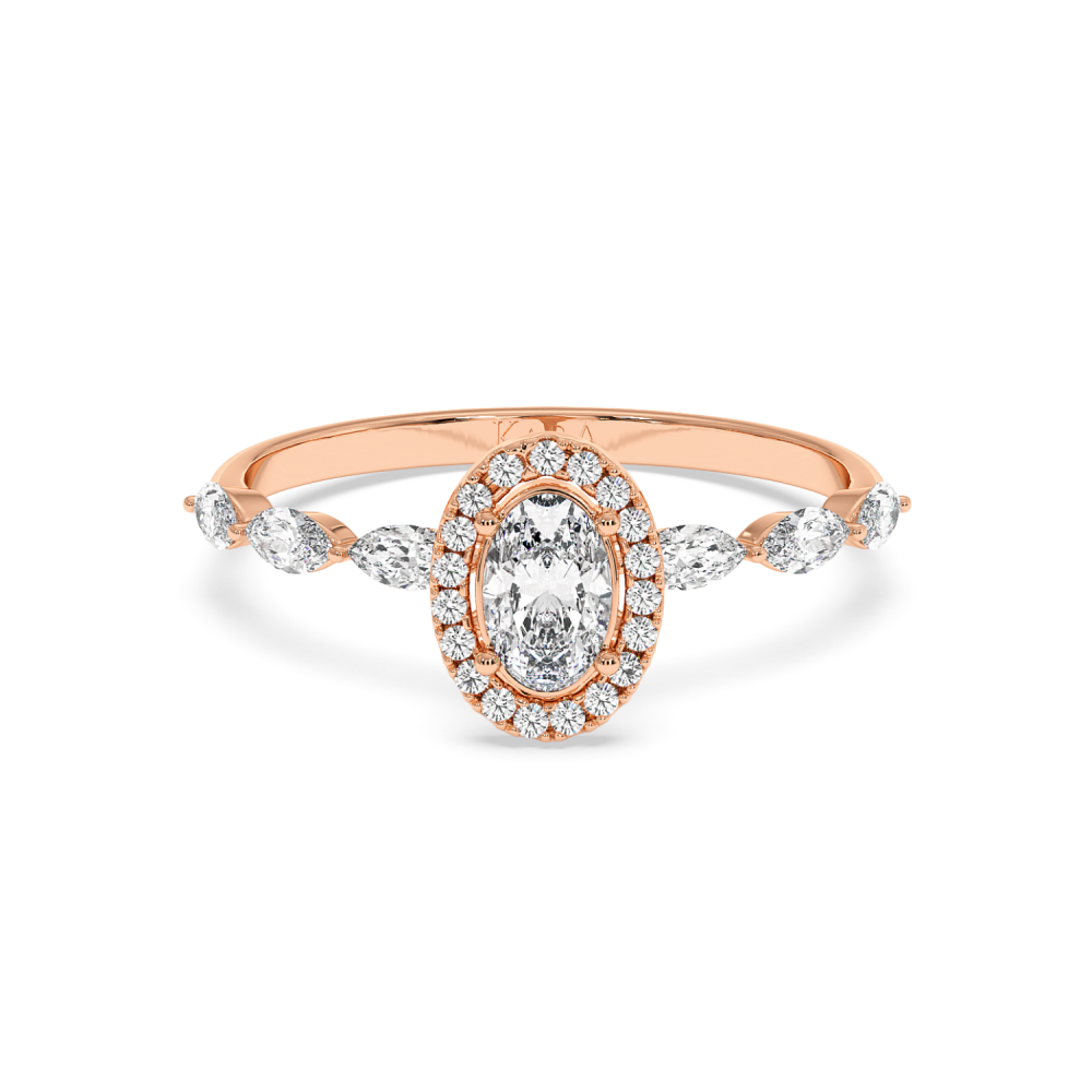 Engagement ring with 0.30 ct Oval diamond and 0.21 ct Marquise and 0.06 ct round and 0.21 ct Marquise side diamonds