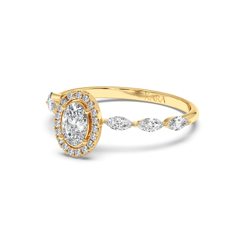 Engagement ring with 0.30 ct Oval diamond and 0.21 ct Marquise and 0.06 ct round and 0.21 ct Marquise side diamonds