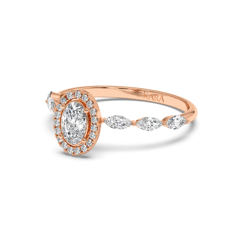Engagement ring with 0.30 ct Oval diamond and 0.21 ct Marquise and 0.06 ct round and 0.21 ct Marquise side diamonds